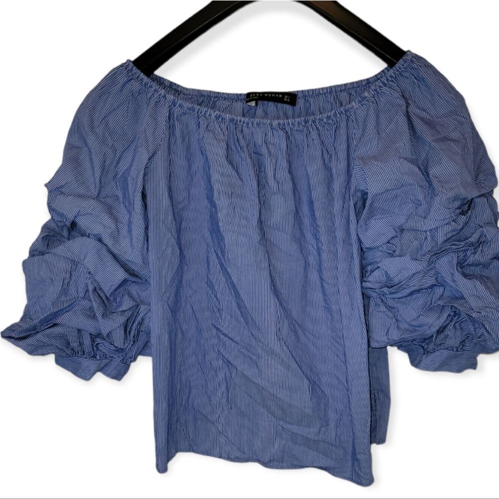 Zara Women Puffed Sleeve Off The Shoulder Blue & White Pin Striped Blouse Size S